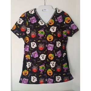 Womens Comfy Cotton Halloween Scrub Top Size XS Black Pumpkin Ghost Witch Spider